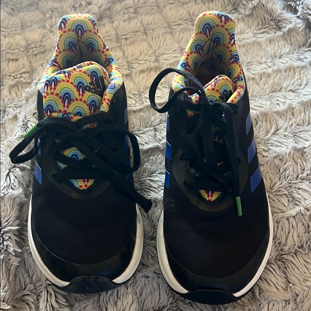 Adidas Kids Black Sneakers with Blue Stripes